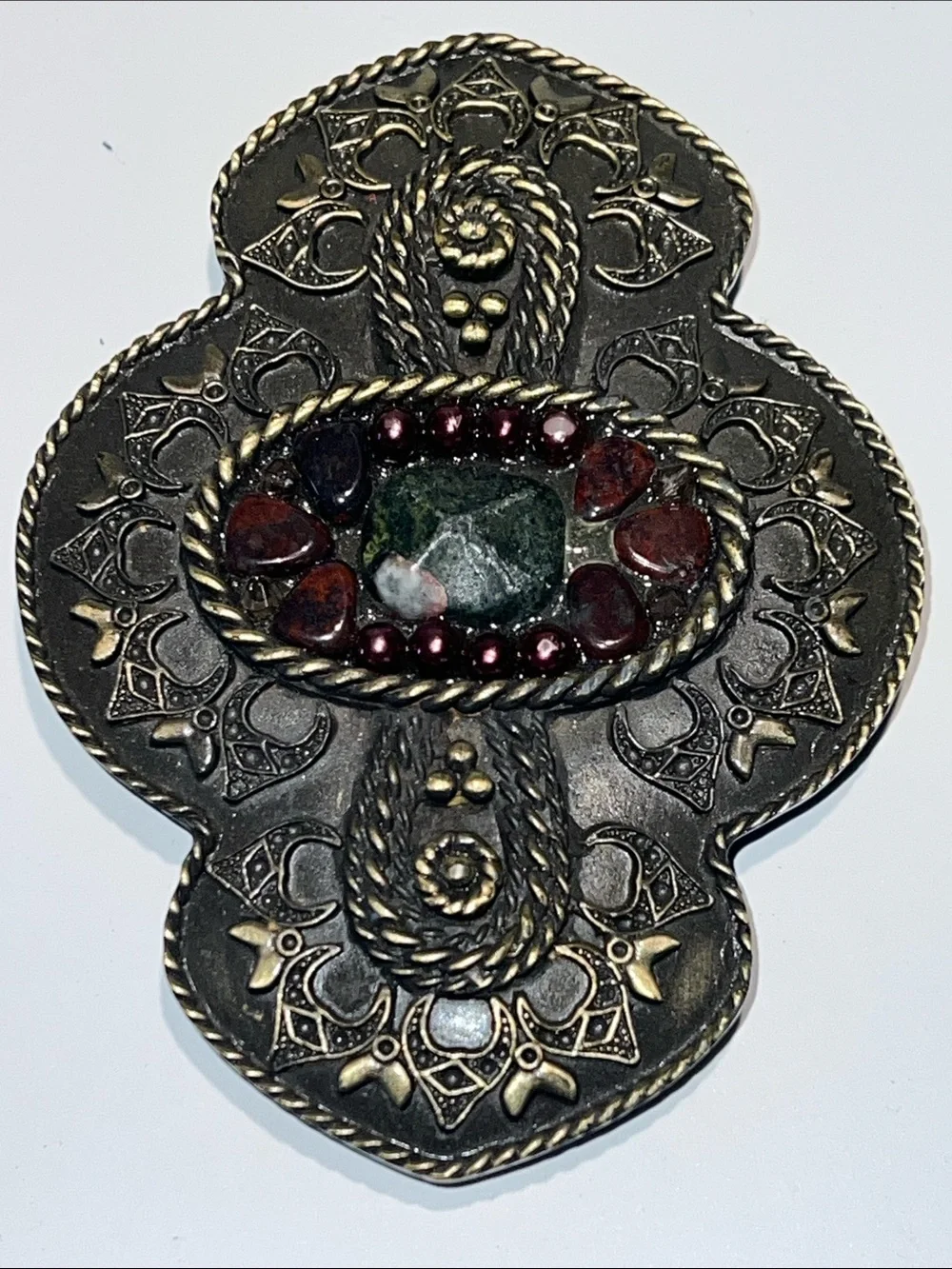 Ornate Metal Belt Buckle with Green Center and Burgundy Accents Stones